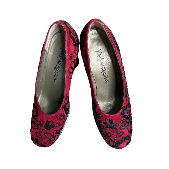 YSL Yves Saint Laurent Red Embroidery Black Suede Pump Heels Size 6 - Picture 5 of 10